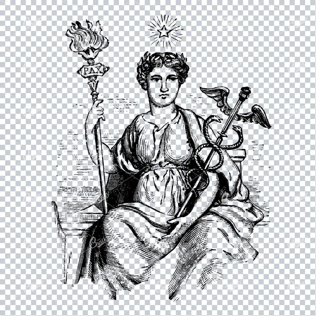 Old Line Art Illustration of Hermes Holding Caduceus Staff