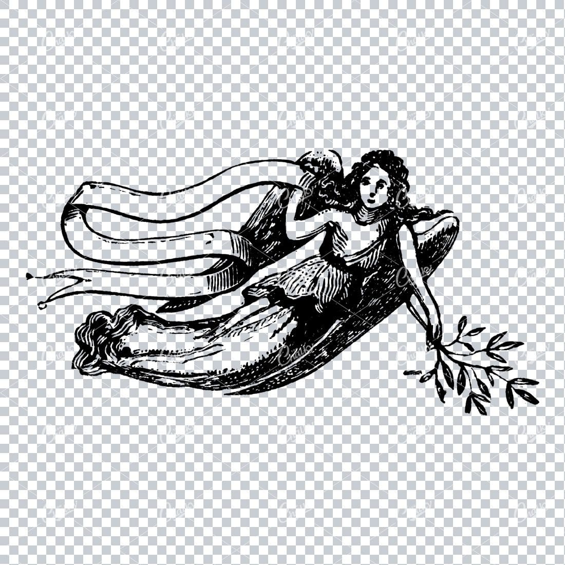 Small Illustration of an Angel with a Ribbon and Plant in Hand