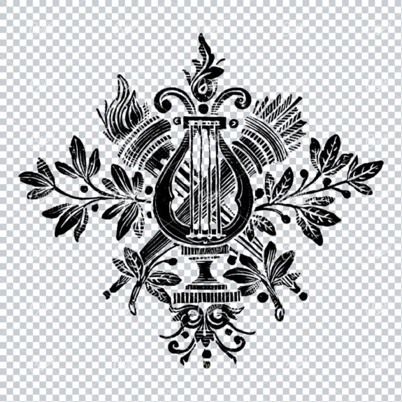 Old Harp Line Art with Botanical Illustrations in Background