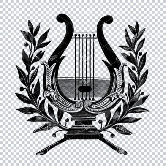 Vintage Harp Illustration with Laurel Wreath in Background