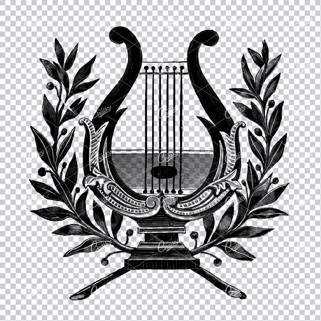 Vintage Harp Illustration with Laurel Wreath in Background