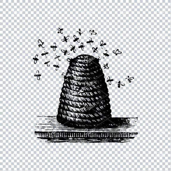 Antique Illustration of a Bee Hive with Bees Flying Around