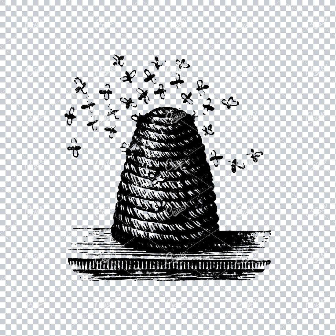 Antique Illustration of a Bee Hive with Bees Flying Around