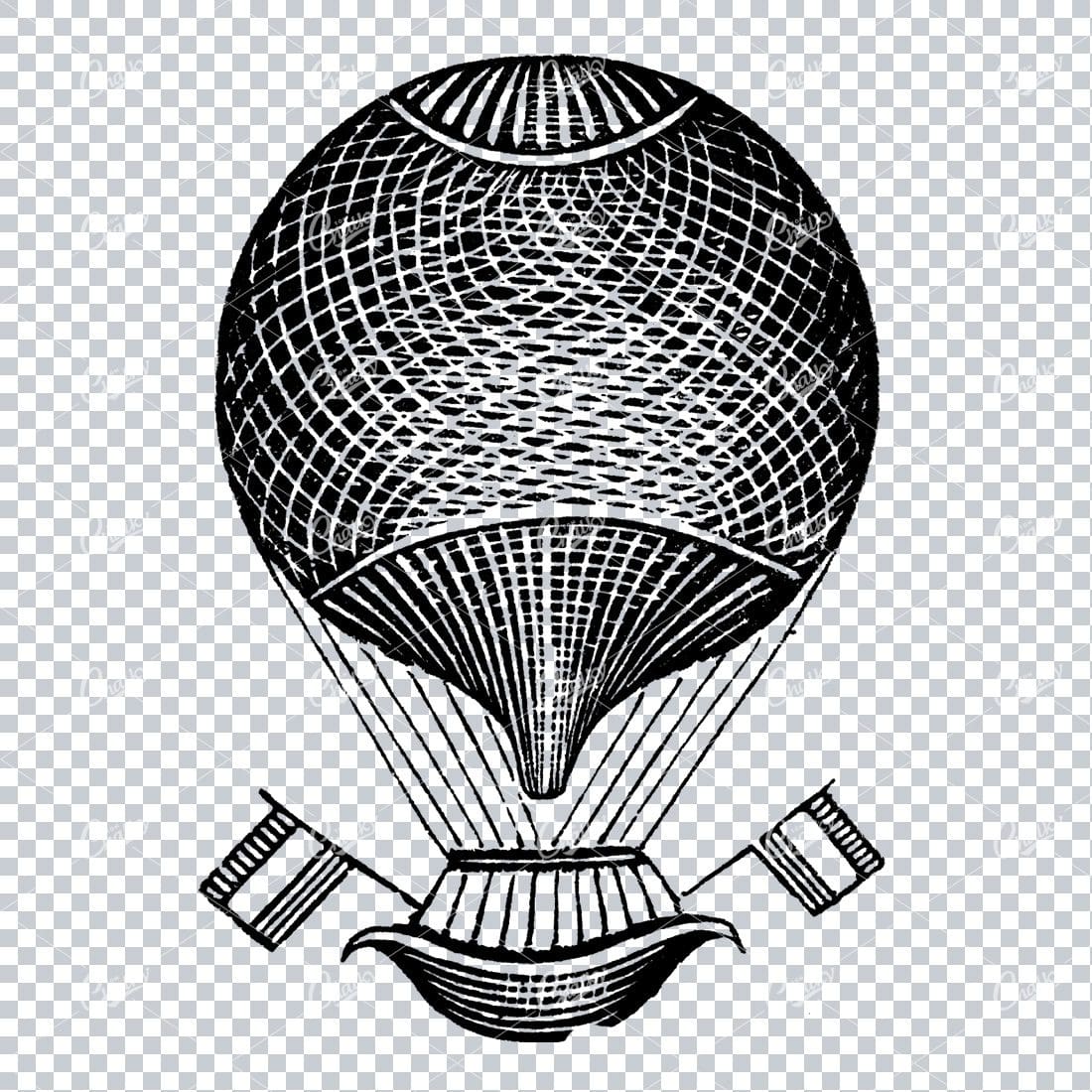 Antique Illustration of a Hot Air Balloon with Flags