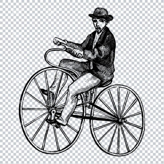 Antique Line Art Engraving of a Man Riding a Bicycle
