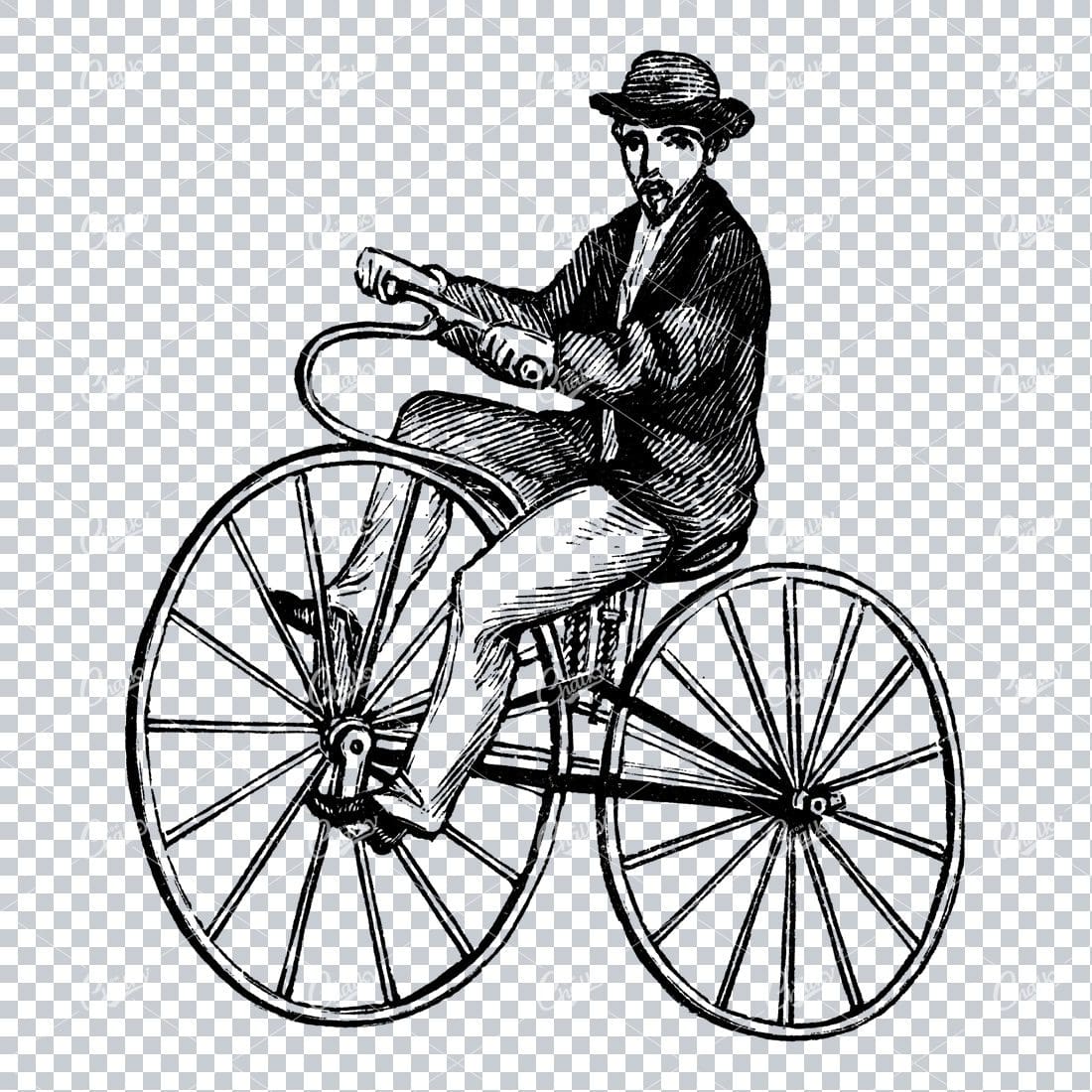 Antique Line Art Engraving of a Man Riding a Bicycle