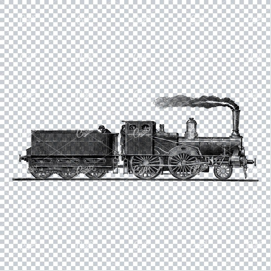 Antique Line Art Engraving Illustration of a Steam Train