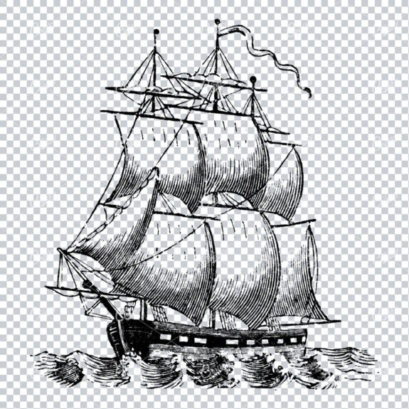 Antique Line Art Engraving of a Ship Sailing