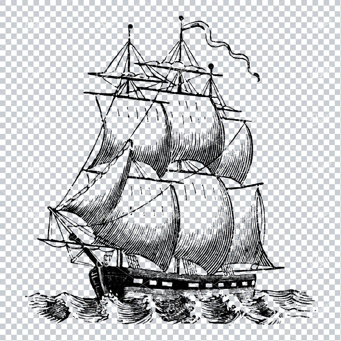 Antique Line Art Engraving of a Ship Sailing