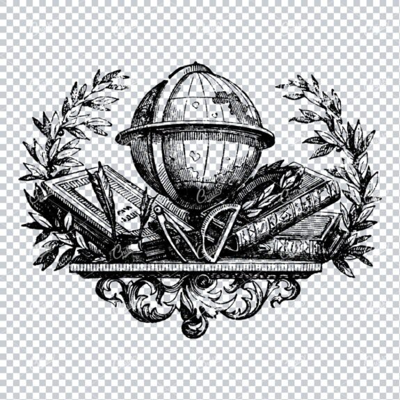Vintage Line Art Travel Illustration - Glove with Books and Laurel Wreath