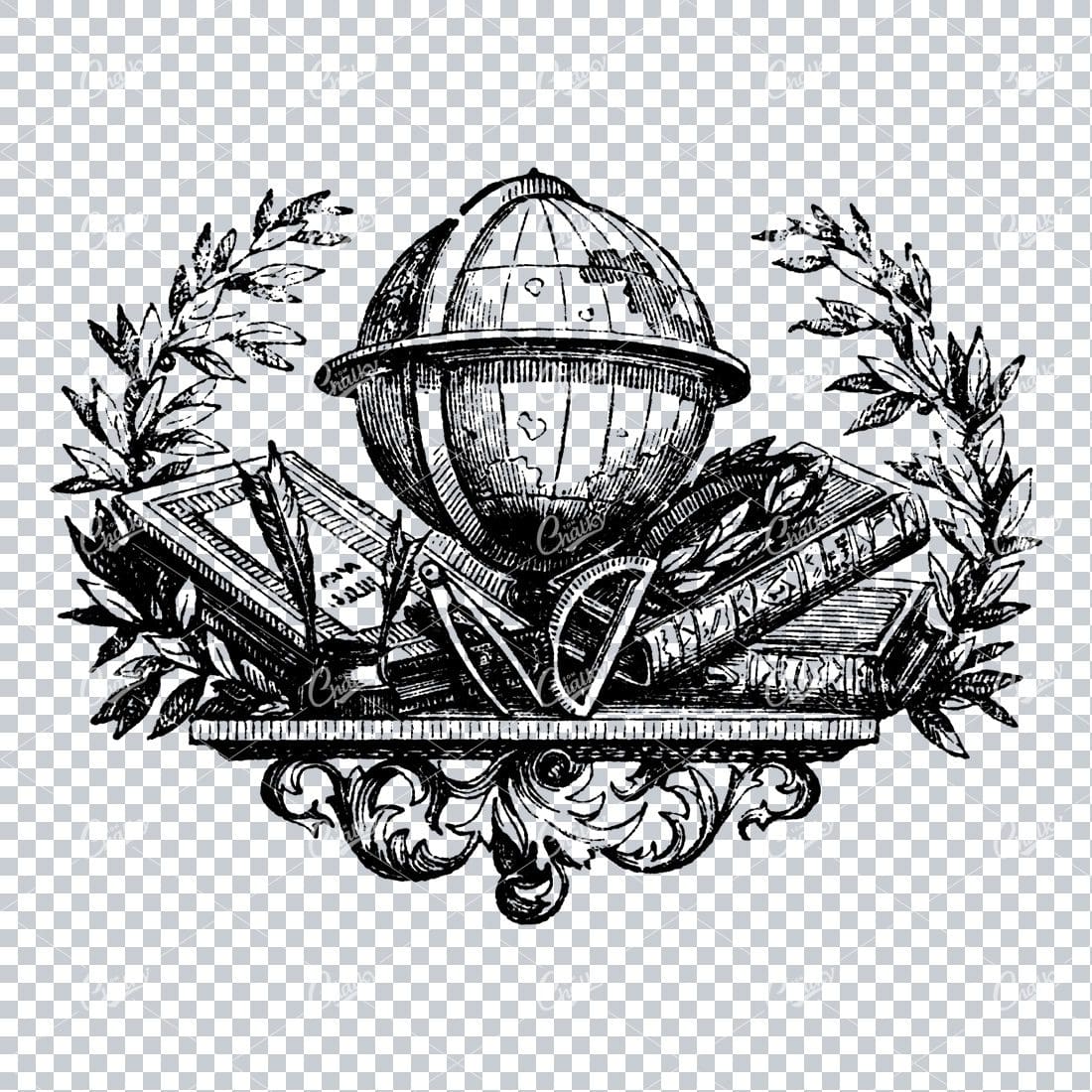 Vintage Line Art Travel Illustration - Glove with Books and Laurel Wreath