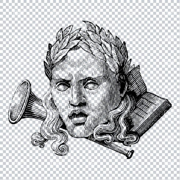 Greek God Face with Wreath on Book and Trumpet
