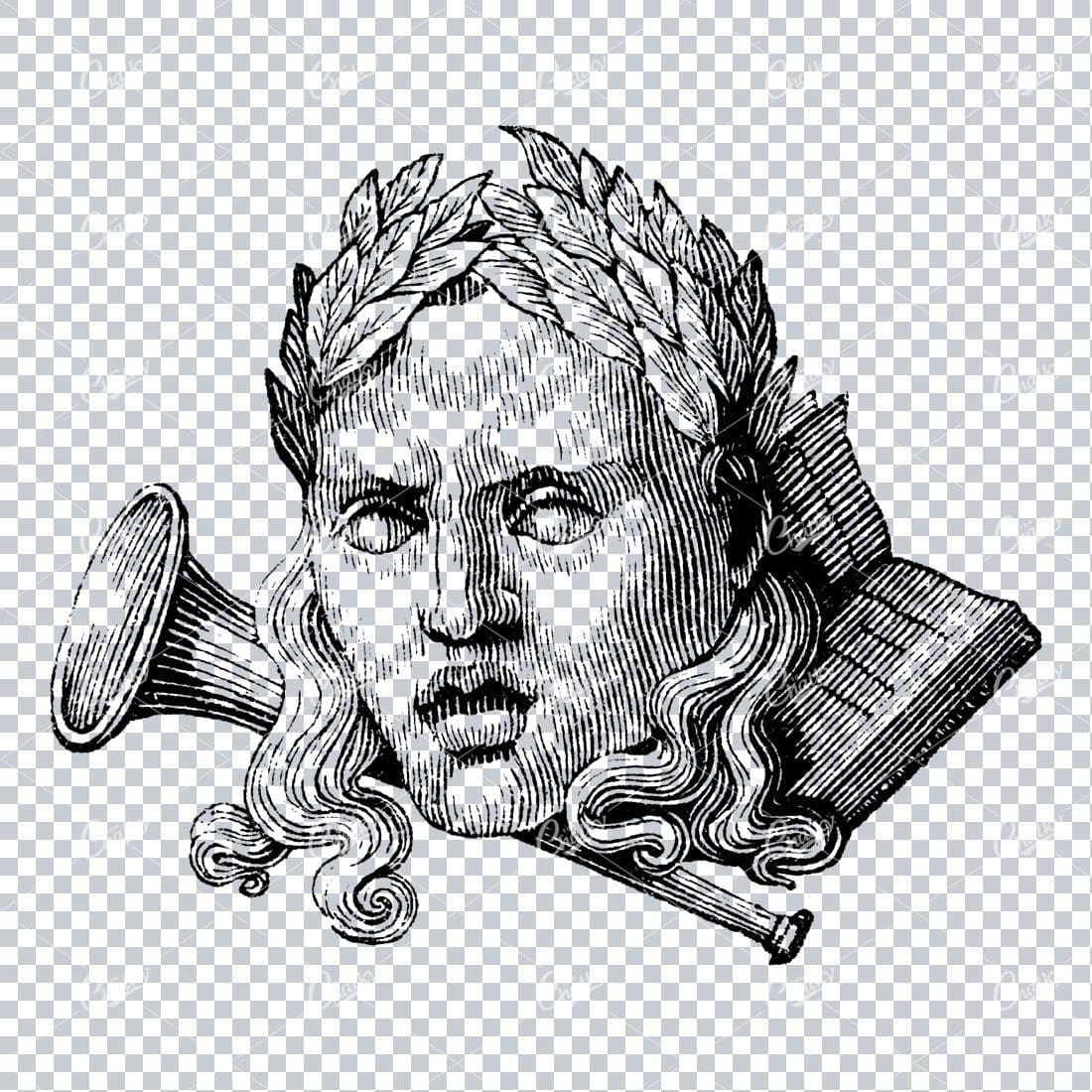 Greek God Face with Wreath on Book and Trumpet