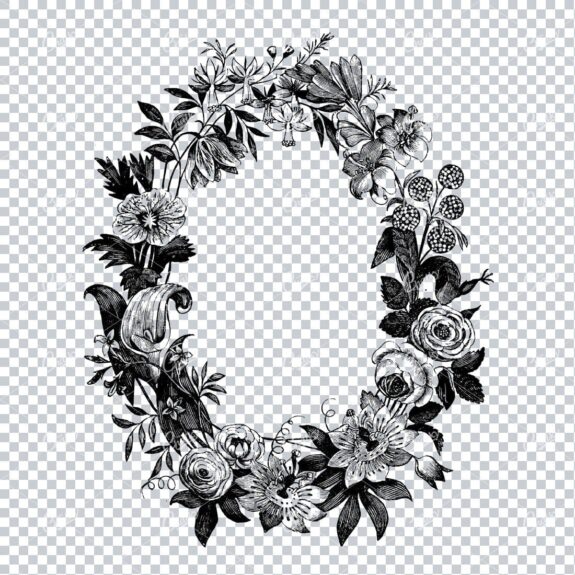 Decorative Vintage Line Art - Floral Wreath Frame / Border  No.6