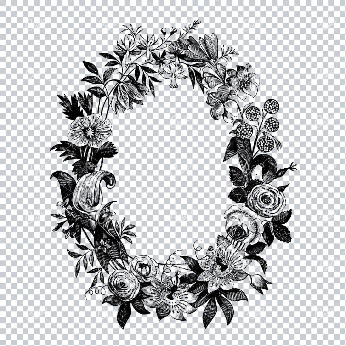 Decorative Vintage Line Art - Floral Wreath Frame / Border  No.6