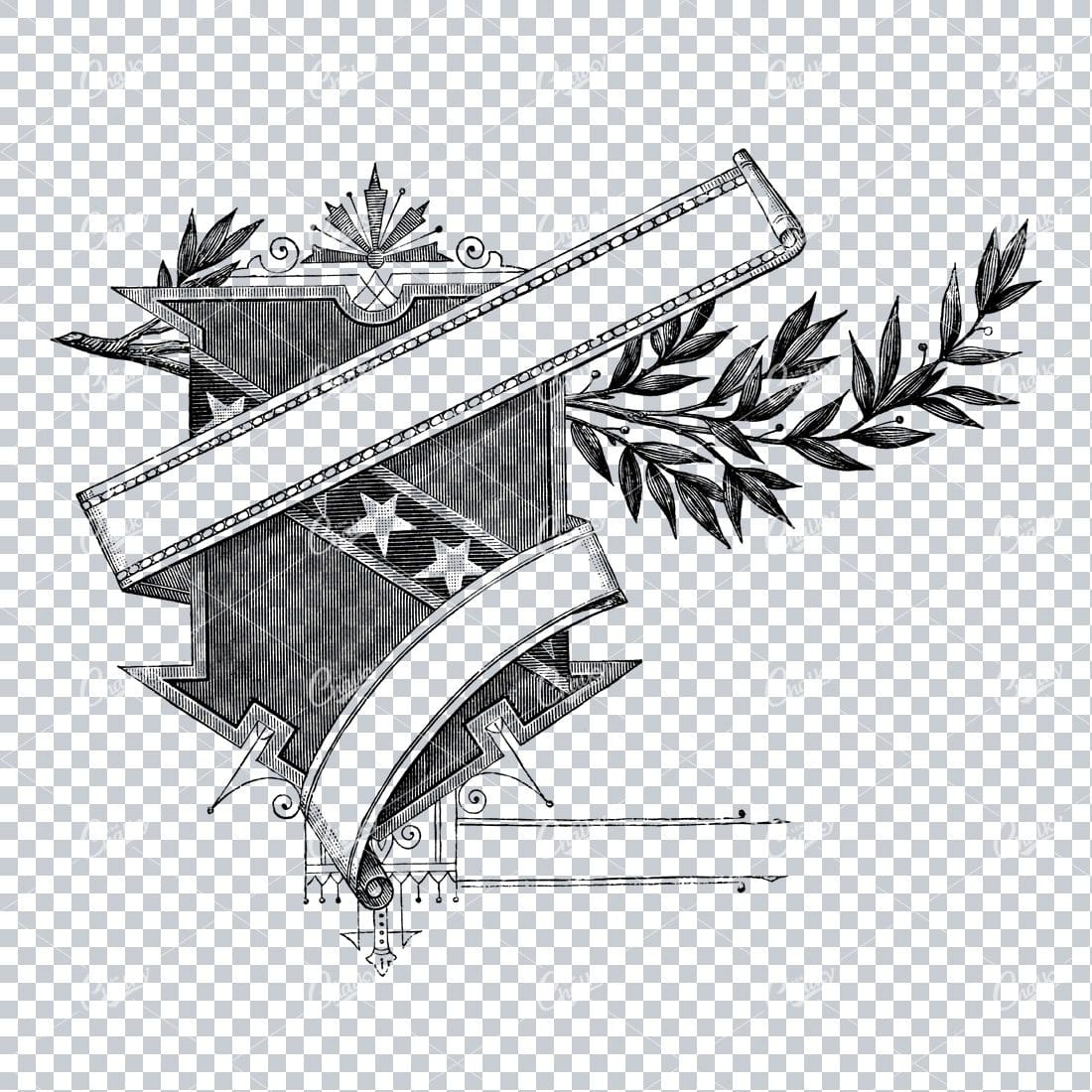 Vintage Illustration of a Rubbon Wrapping a Shield with Stars and Laurel