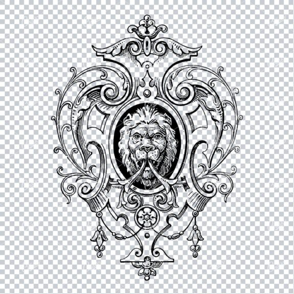 Decorative Design Elements - Flourished Frame with Lions Face in Middle