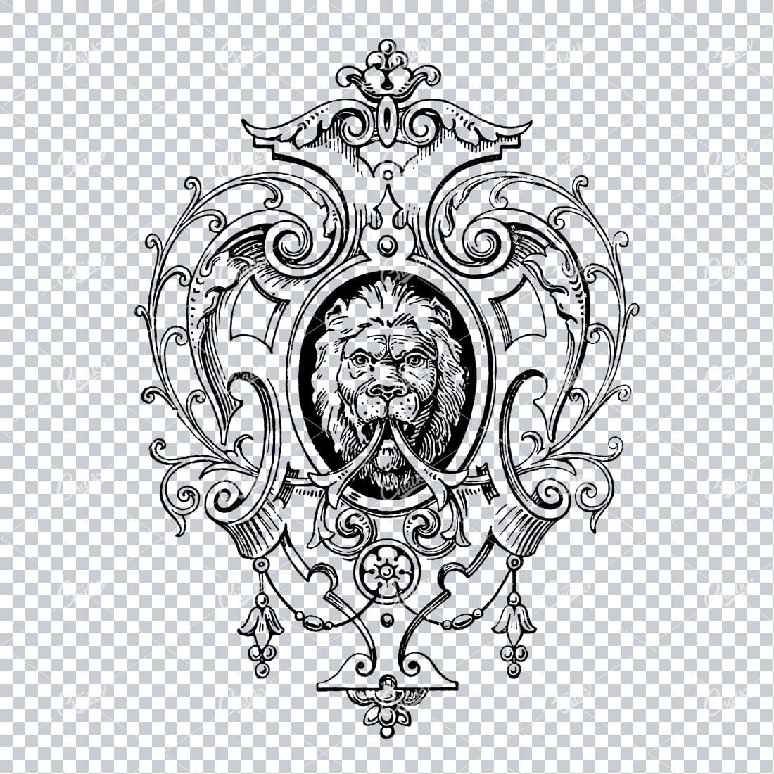 Decorative Design Elements - Flourished Frame with Lions Face in Middle
