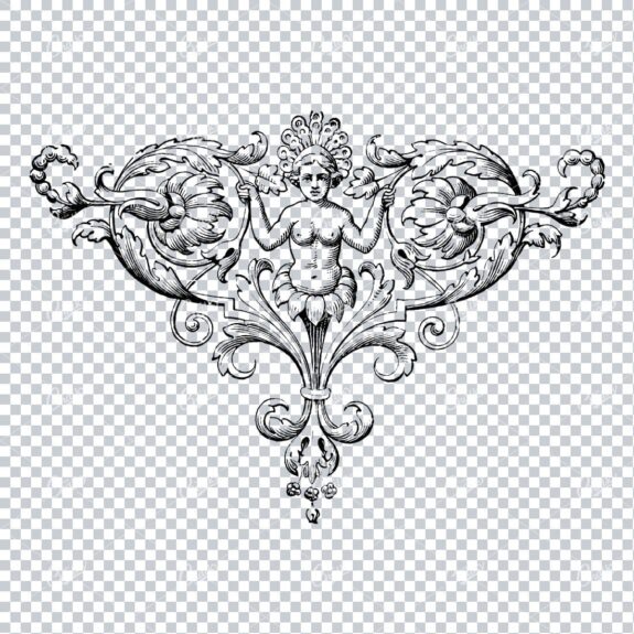 Vintage Line Art Illustration of Woman Bust and Flourished Design Elements