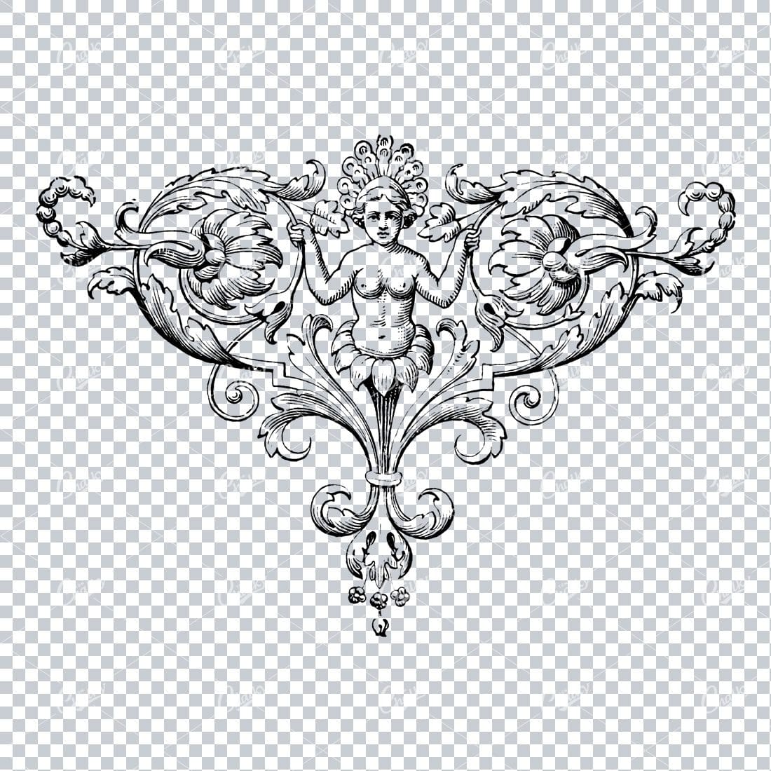 Vintage Line Art Illustration of Woman Bust and Flourished Design Elements