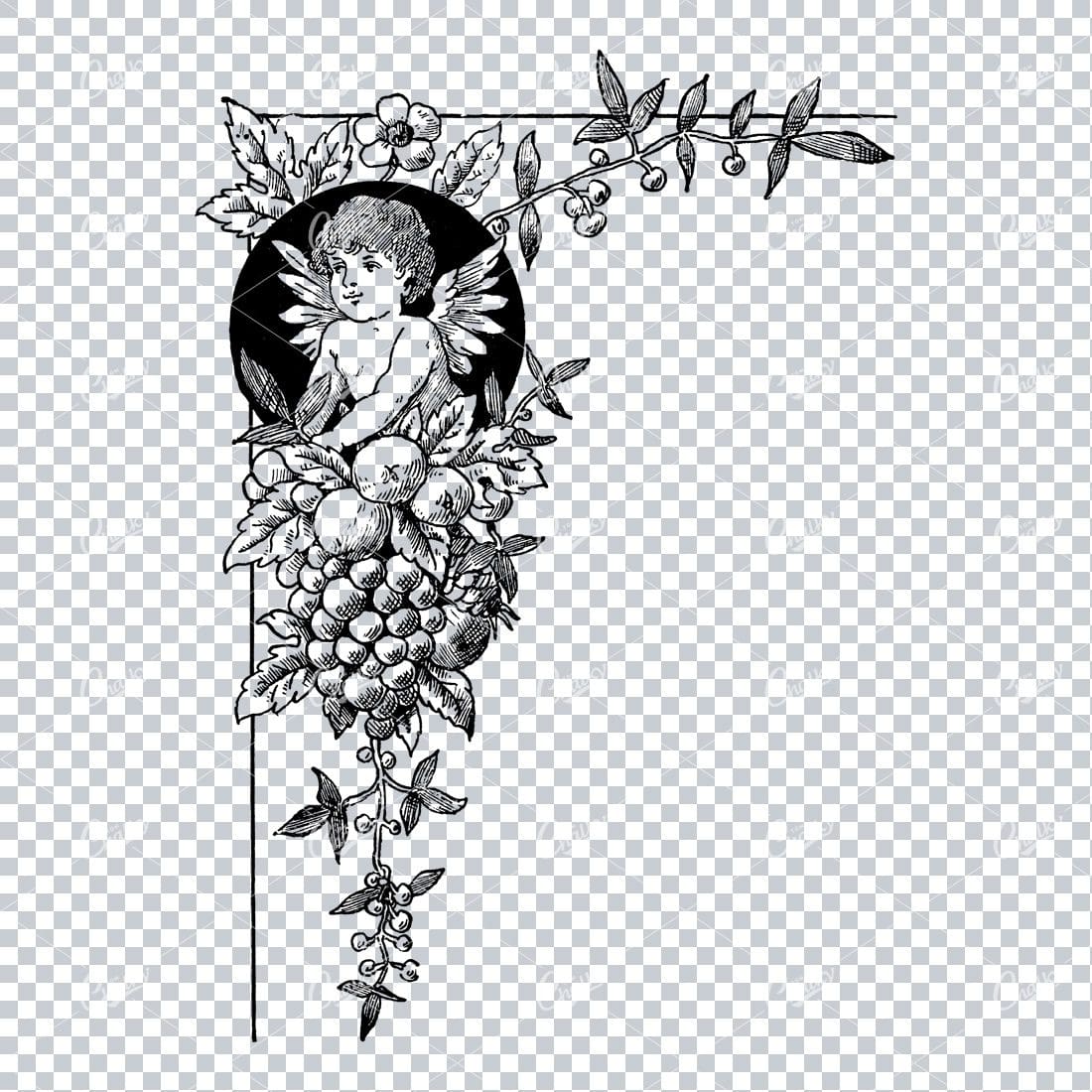 Floral Corner Border Piece Featuring a Cherub and Fruit