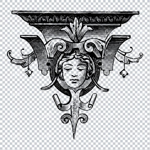 Antique Flourished / Floral Design Element with Woman Face in Middle