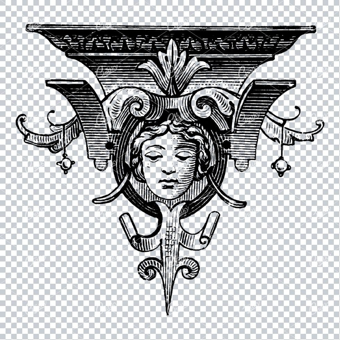 Antique Flourished / Floral Design Element with Woman Face in Middle