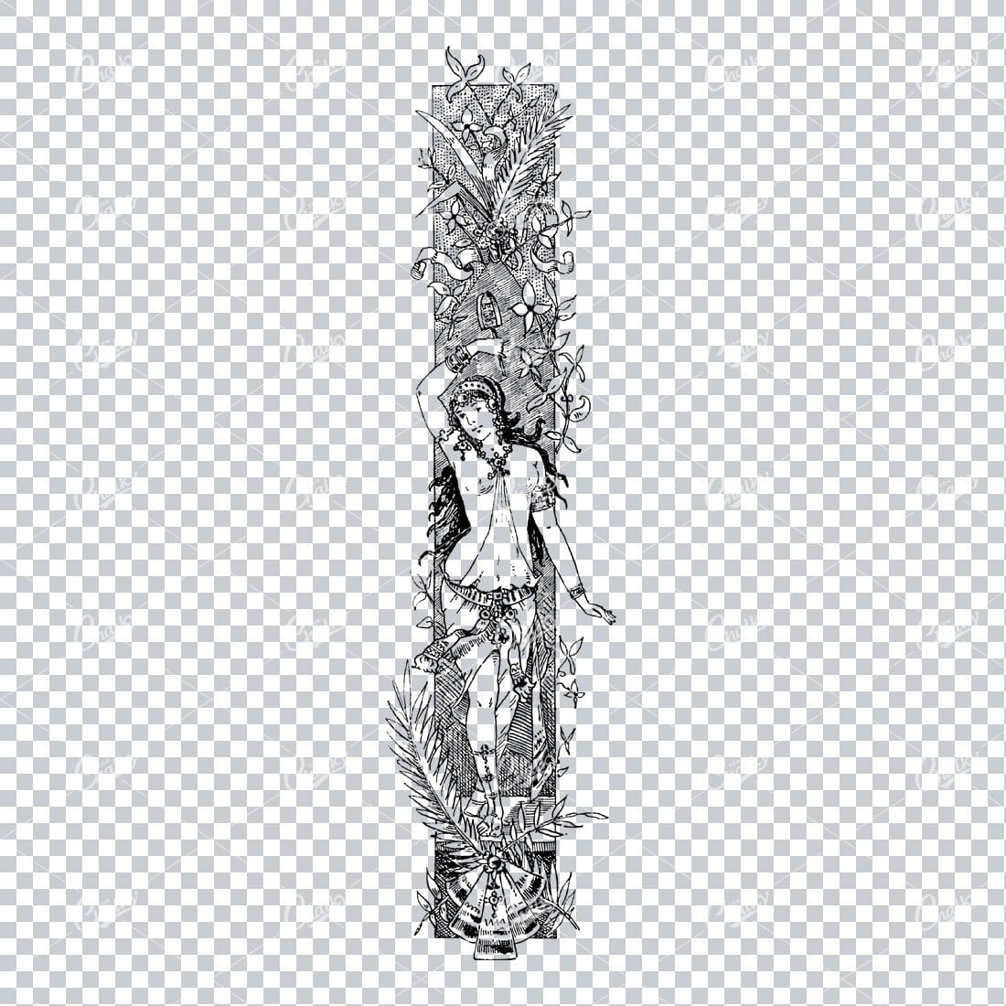 Antique Column Design Featuring a Woman and Floral Design Elements No.1