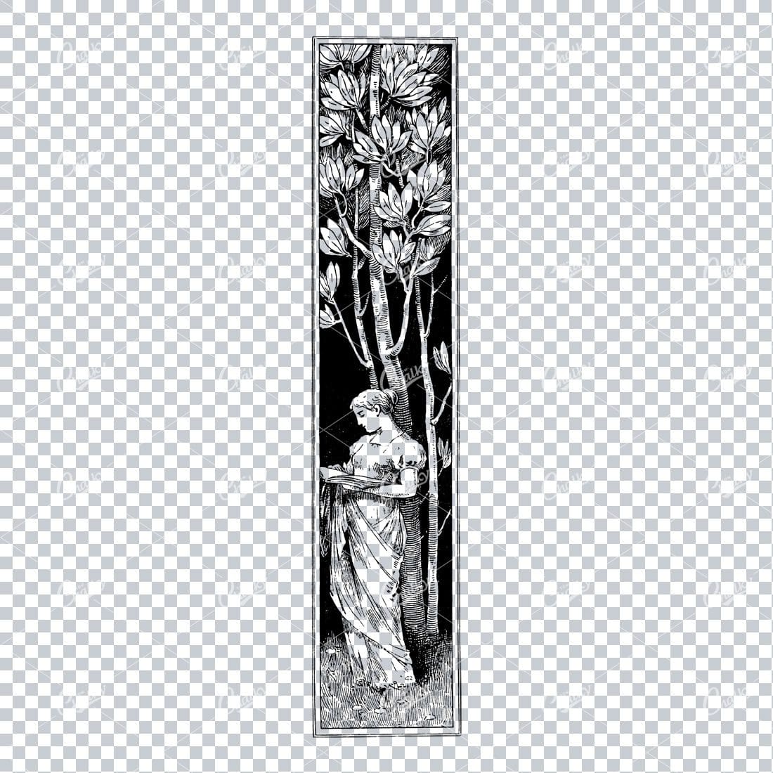 Antique Column Design Featuring a Woman and Floral Design Elements No.2