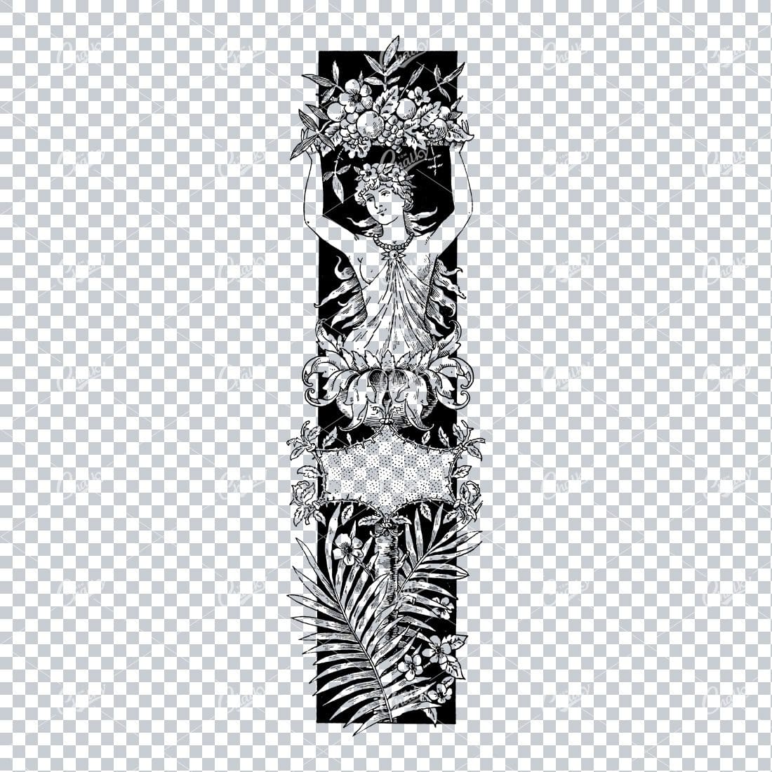 Antique Column Design Featuring a Woman and Floral Design Elements No.3