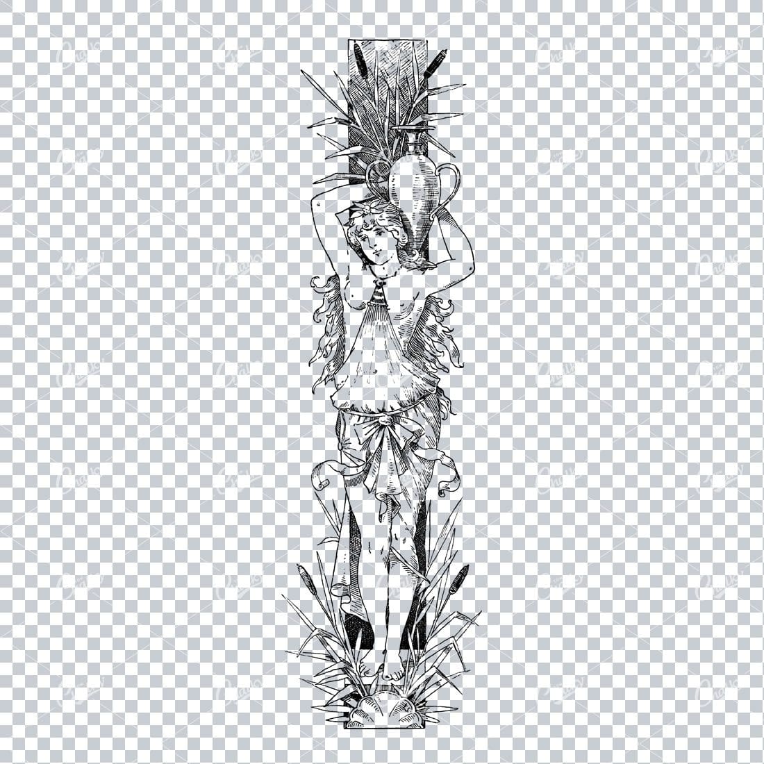 Antique Column Design Featuring a Woman and Floral Design Elements No.4