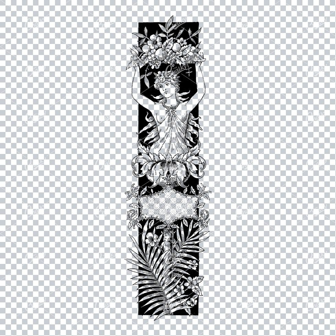 Antique Column Design Featuring a Woman and Floral Design Elements No.6