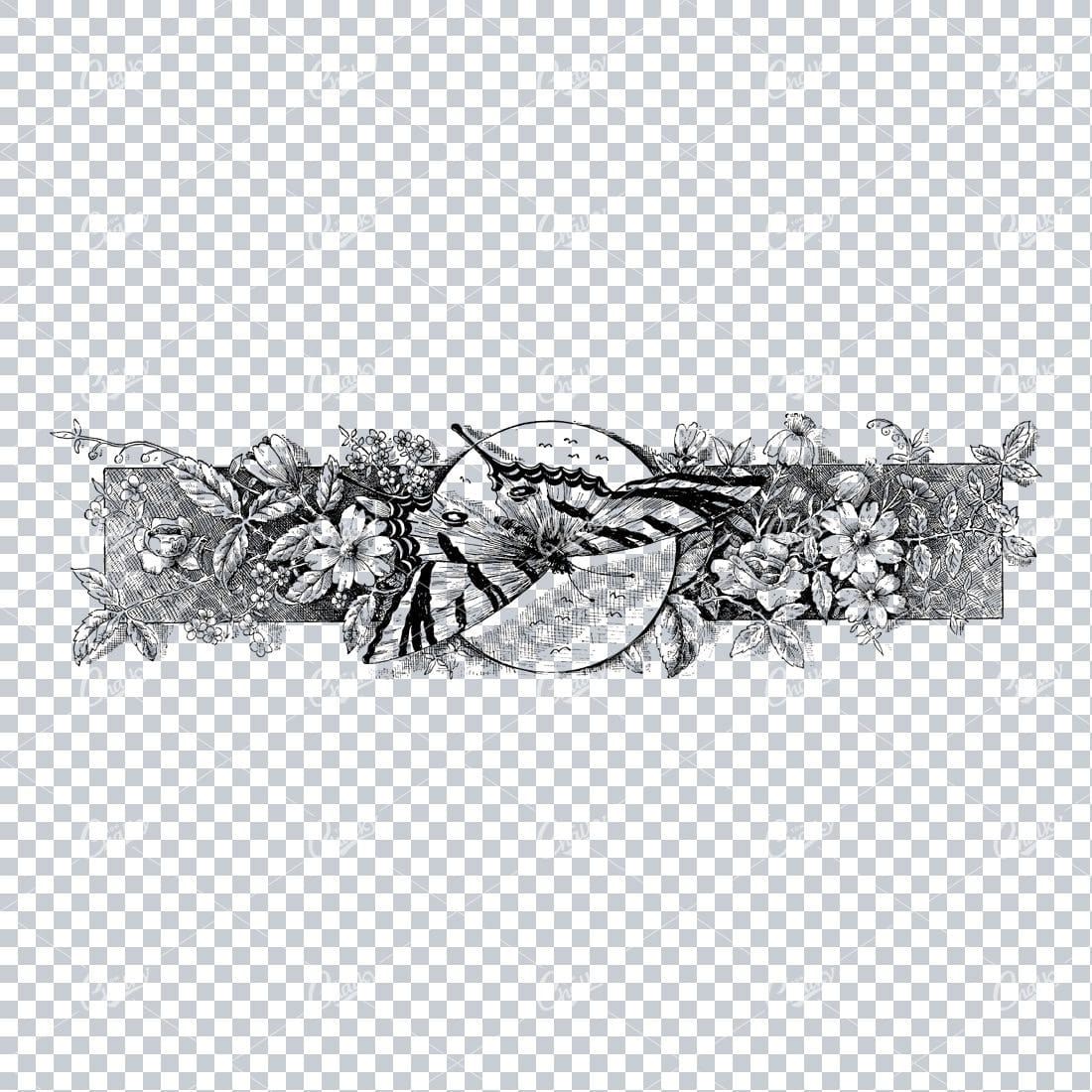 Antique Flourished / Floral Design Element with a Butterfly No.1