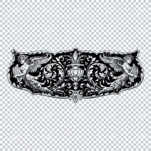 Flourished Sheild Design of Two Angels Holding a Harp