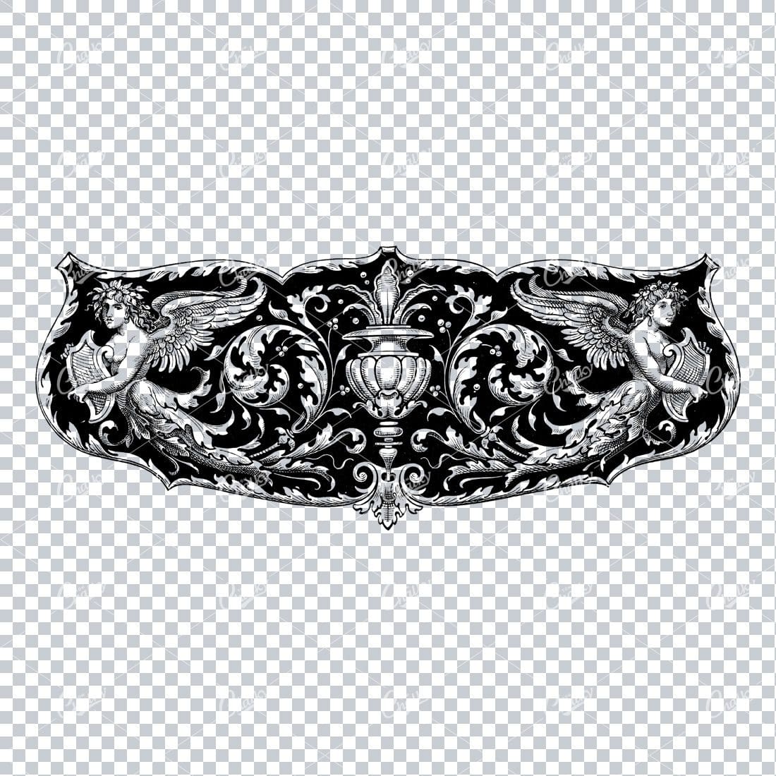 Flourished Sheild Design of Two Angels Holding a Harp