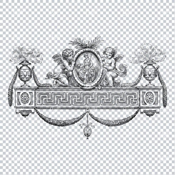 Antique Line Art Header Design Featuring Aztec Pattern and Two Cherubs