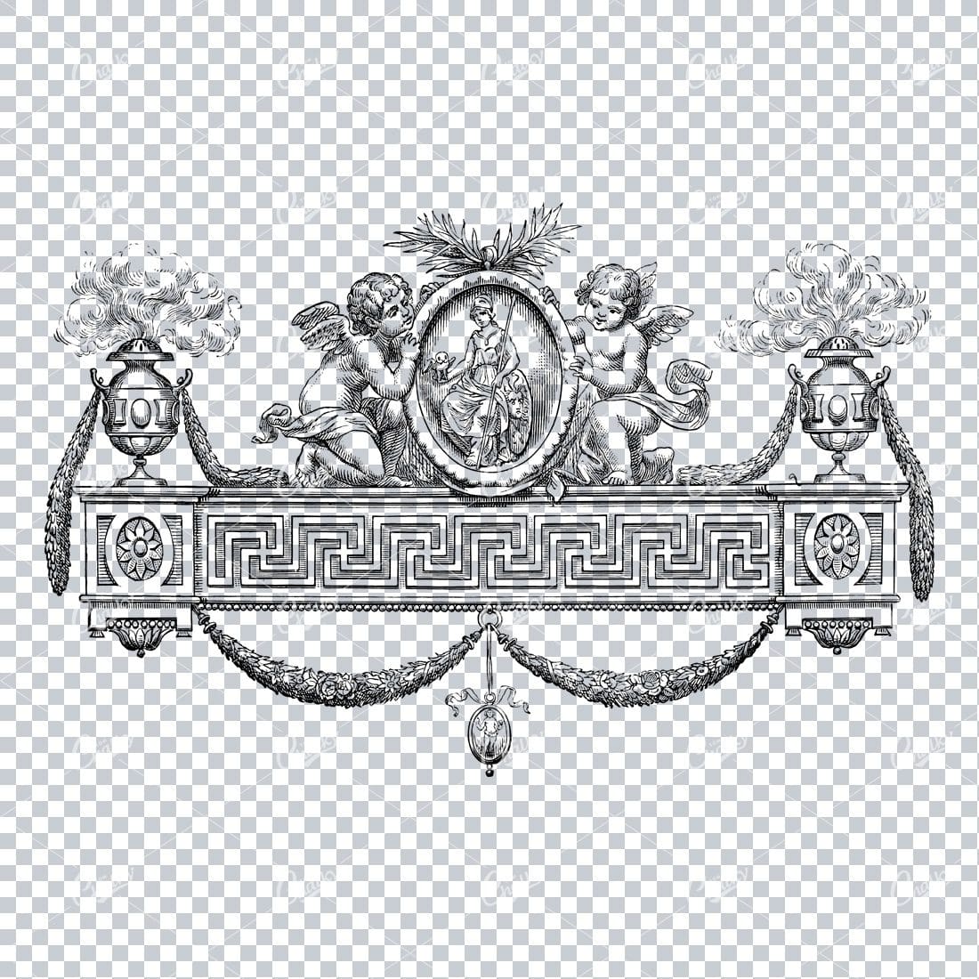Antique Line Art Header Design Featuring Aztec Pattern and Two Cherubs