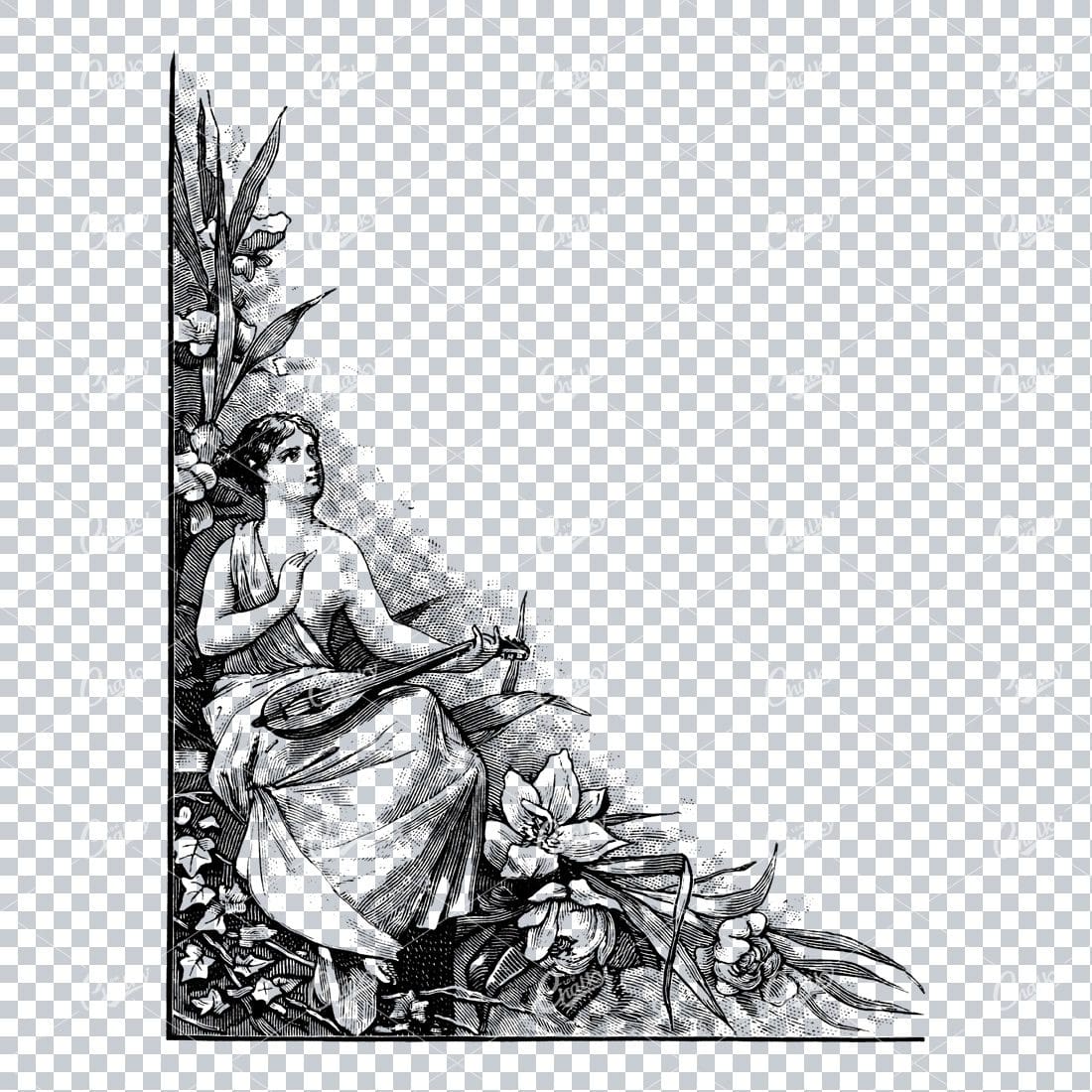 Vintage Line Art Illustration of a Corner Border Piece with Woman Sitting Down No.1