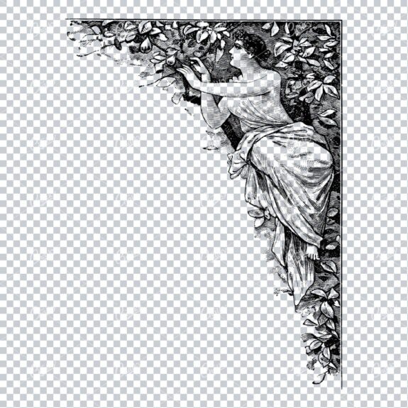 Vintage Line Art Illustration of a Corner Border Piece with Woman Sitting Down No.2