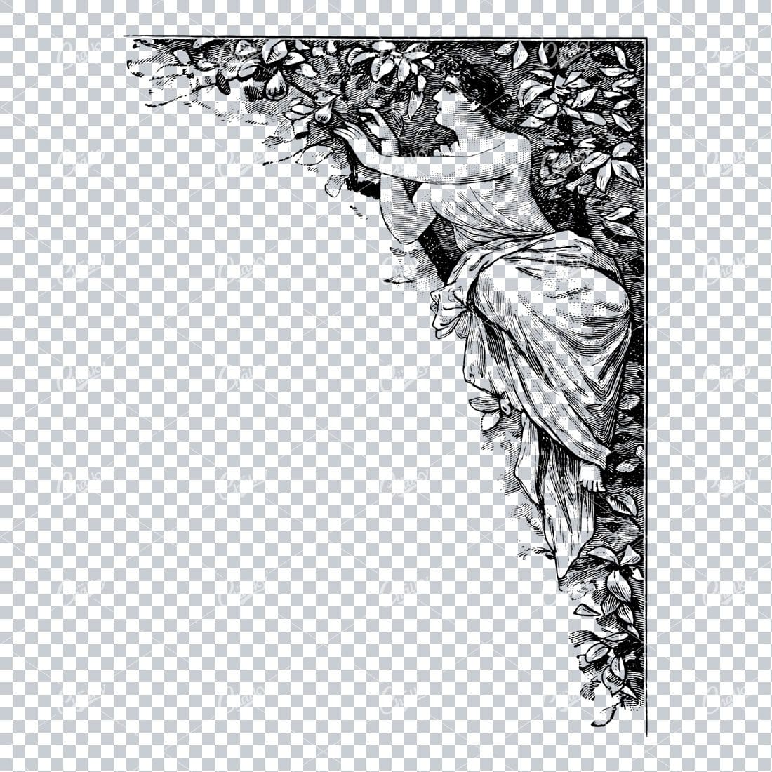 Vintage Line Art Illustration of a Corner Border Piece with Woman Sitting Down No.2