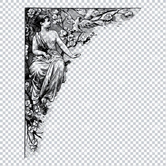 Vintage Line Art Illustration of a Corner Border Piece with Woman Sitting Down No.3
