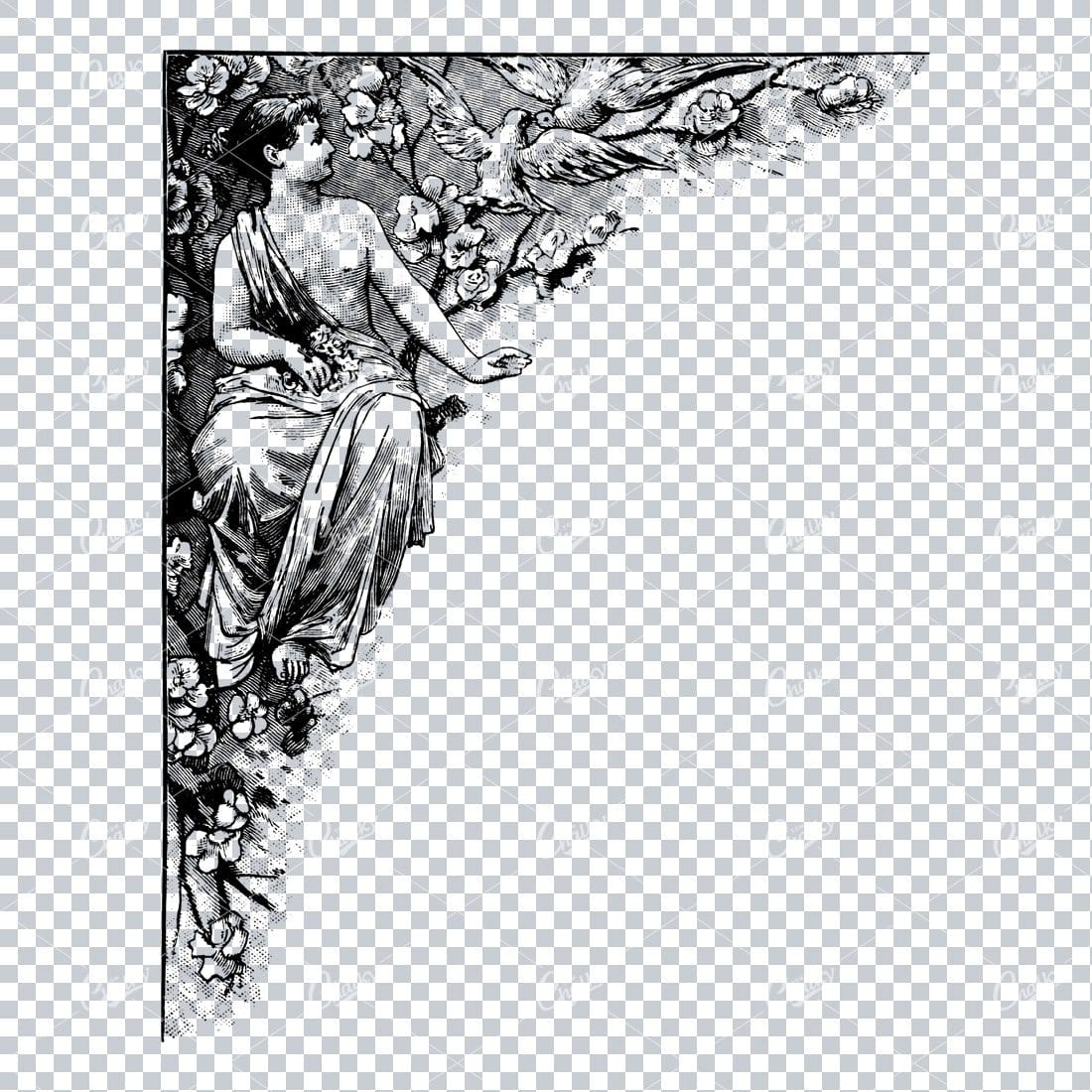 Vintage Line Art Illustration of a Corner Border Piece with Woman Sitting Down No.3