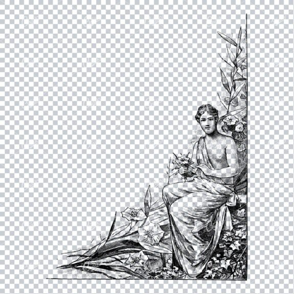 Vintage Line Art Illustration of a Corner Border Piece with Woman Sitting Down No.4