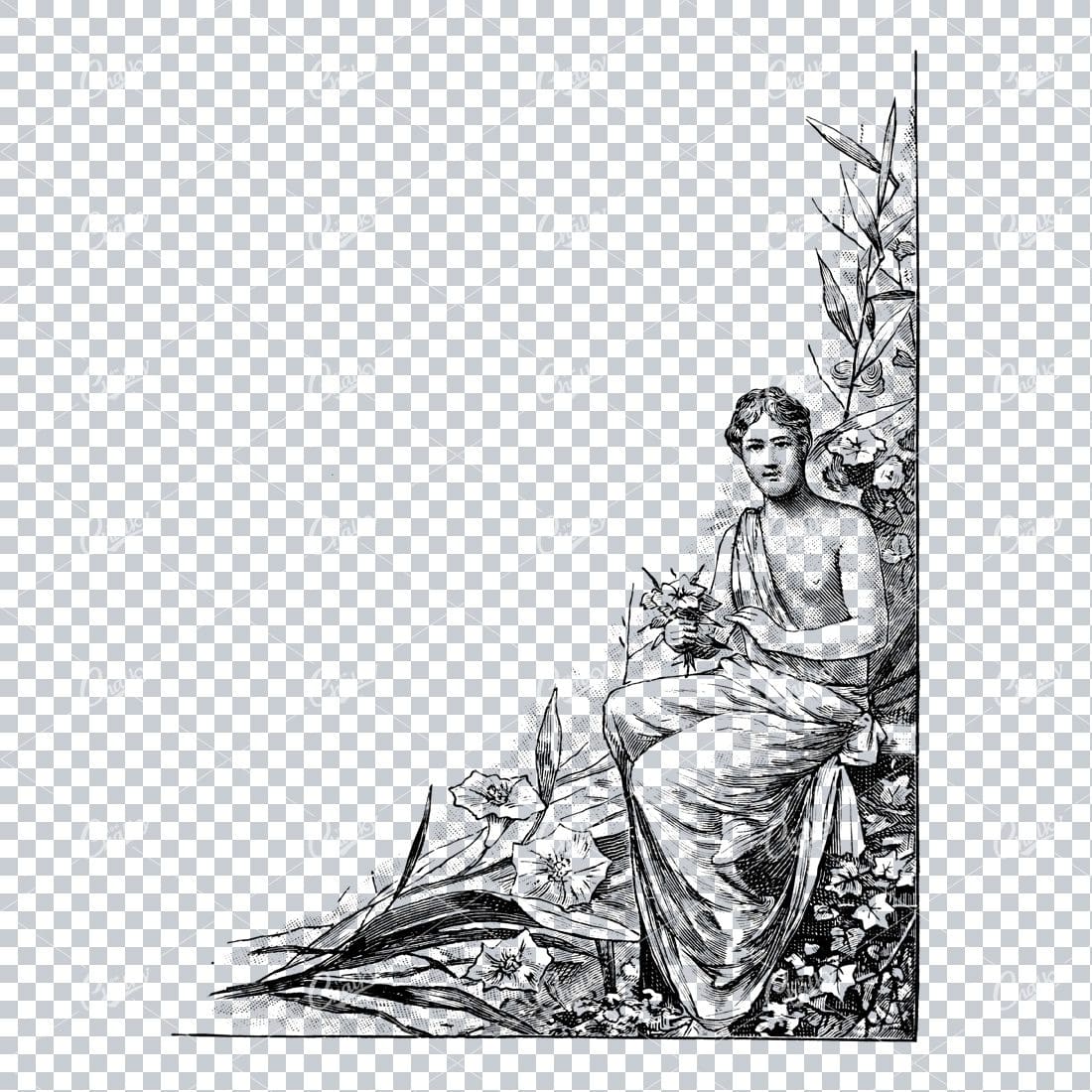 Vintage Line Art Illustration of a Corner Border Piece with Woman Sitting Down No.4