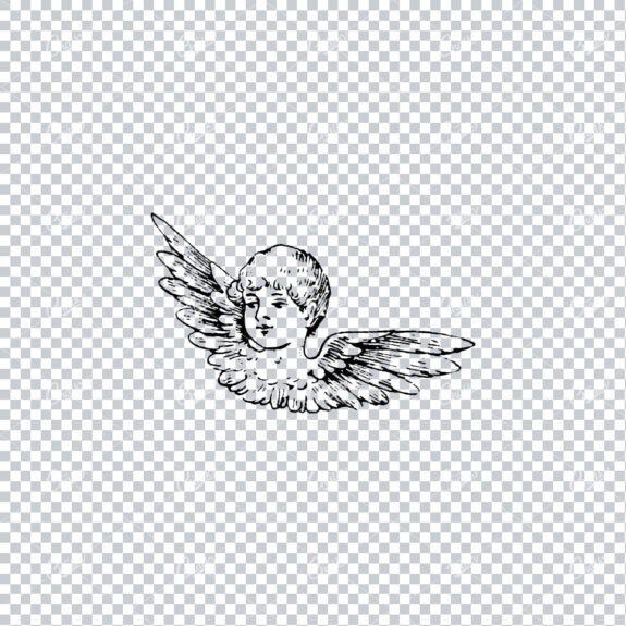 Old Line Art Illustration of a Childs Face with Wings