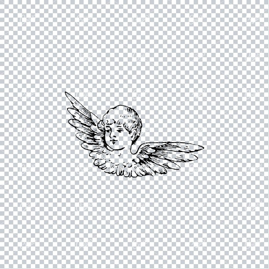 Old Line Art Illustration of a Childs Face with Wings
