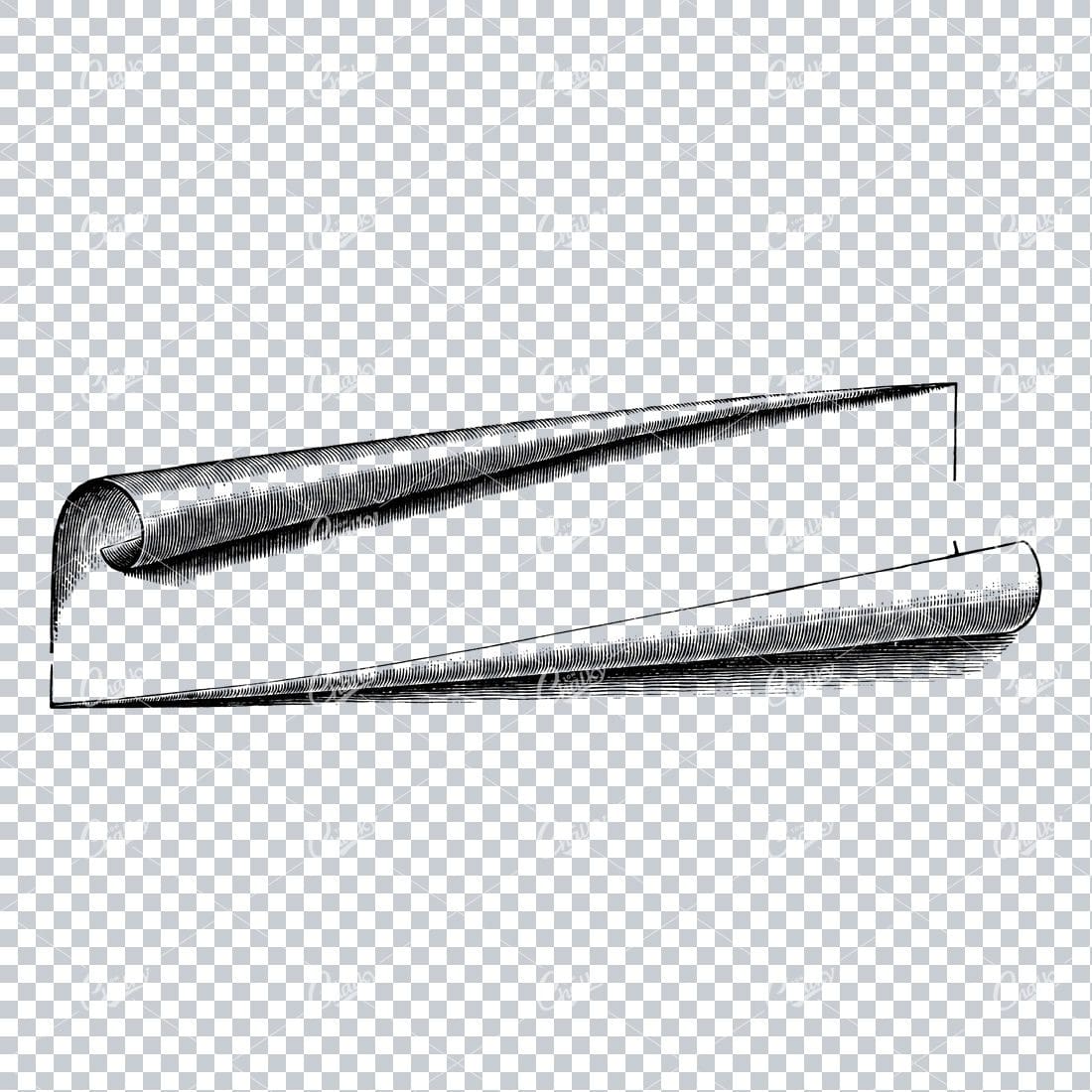 Old Line Art Illustration of Paper Curling / Border / Banner No.5