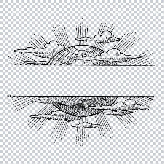 Drawing of the Globe with Clouds and Sun Burst with Banner in Middle