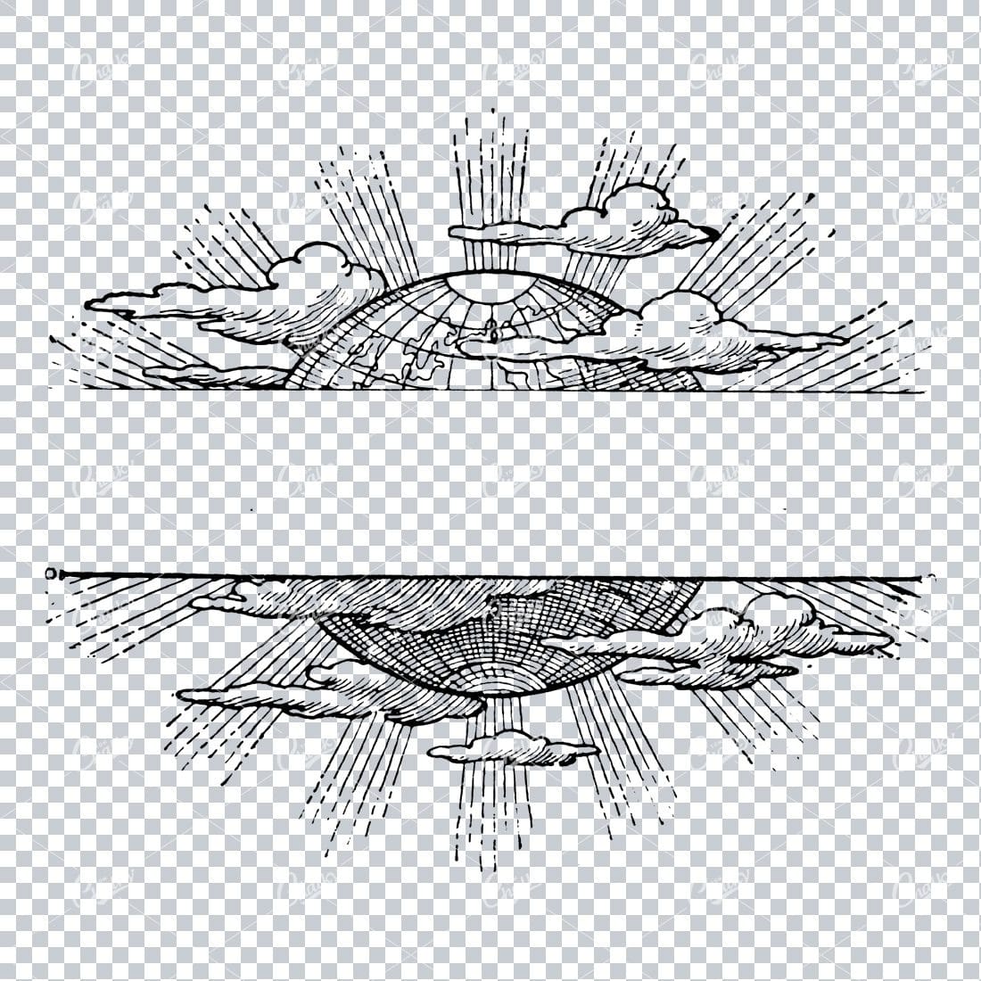 Drawing of the Globe with Clouds and Sun Burst with Banner in Middle
