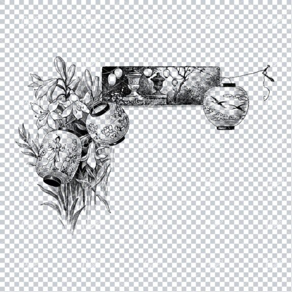 Detailed Decorative Line Art Engraving of Japanese Lanterns and Flowers